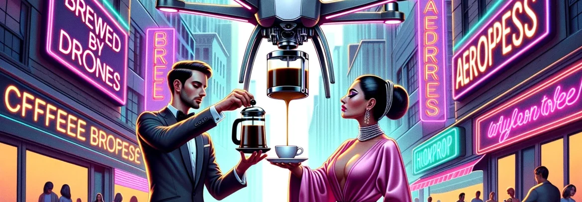 DALL·E 2023-10-20 16.21.56 - Illustration_ A bustling urban morning with a sleek quadcopter, styled like a sophisticated barista, pouring coffee from a French press into a floatin